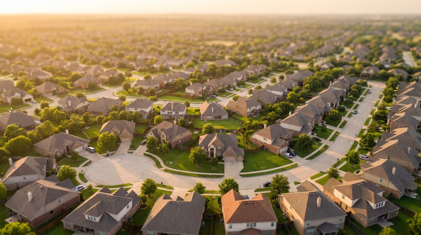 Aerial view of a suburban neighborhood at golden hour