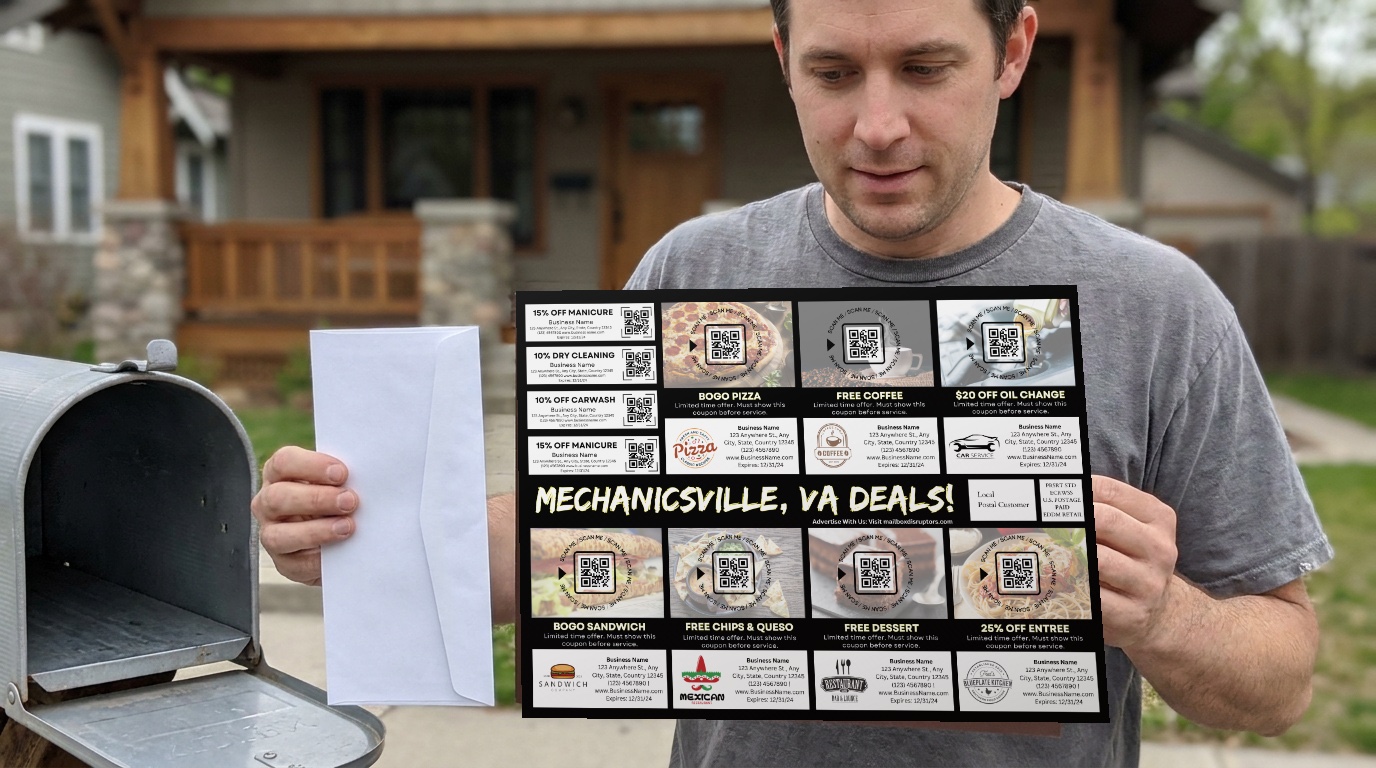 A homeowner in front of his house and mailbox holding the 9 by 12 inch neighborhood card next to a normal envelope